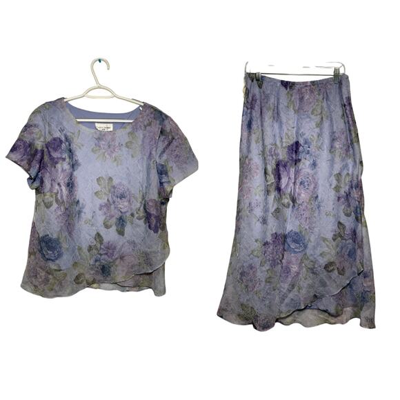 Lady Dorby vintage puple floral sheer lined midi skirt blouse set womens 16W - Picture 1 of 10